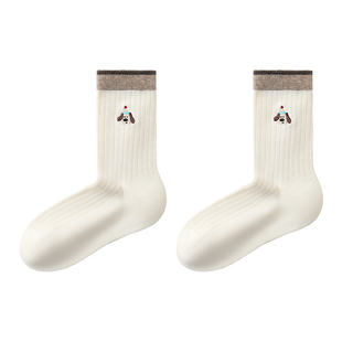 袜子女秋纯棉中筒袜卡通可爱小狗白色堆堆袜刺绣无骨抑菌防臭长袜