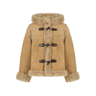 范洛Fano 学院风牛角扣仿皮毛一体高级感连帽皮草外套女2025新款