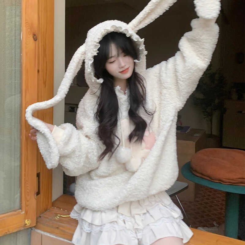 兔子长耳朵连帽羊羔毛卫衣外套女冬季初中生可爱甜美减龄宽松上衣