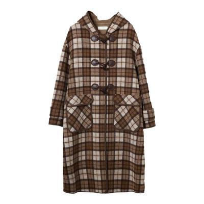 西町村屋格纹连帽双面呢大衣女