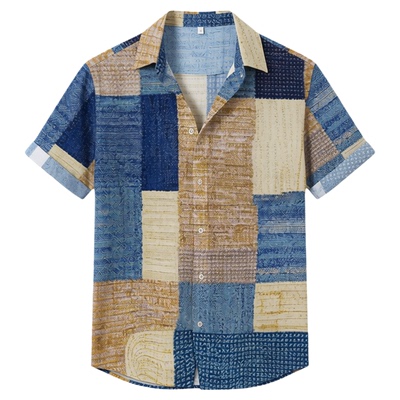 Men's patchwork button up short sleeved shirt 纽扣短袖衬衫男