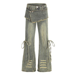 ASTRSK韩系复古做旧水洗可拆屁帘牛仔裤女高腰显瘦显高马蹄微喇裤