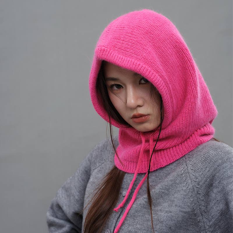 秋冬季纯色兔毛围脖一体帽头套帽抽帽法女拉绳巴拉克包头
