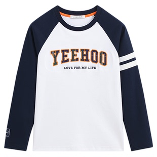 英氏男童T恤2026年新款春秋儿童长袖圆领拼接运动速干打底衫