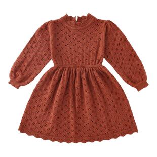 韩国ins女童洋气镂空长袖连衣裙甜美针织裙宝宝圣诞酒红色毛衣裙