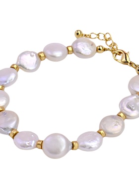 天然巴洛克扁圆形珍珠设计手链女