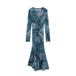 王润SOHANA原创2025长袖网纱气质舞蹈褶皱感显瘦长袖连衣裙旗袍