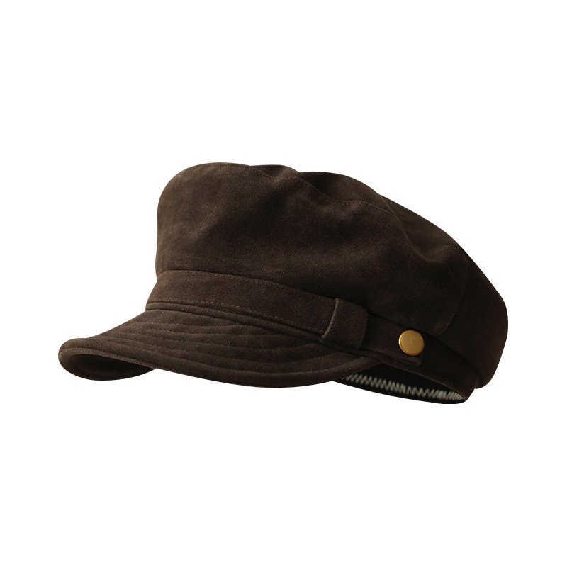 四季款复古海军风帽子高级感麂皮绒平顶报童帽女生韩系百搭画家帽