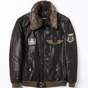秋冬新款真皮皮衣男真皮夹克翻领袖标复古加棉机车皮夹克男士外套