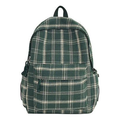 ins风绿色格子女生初中生双肩包