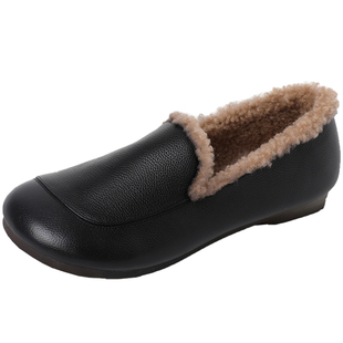 真皮冬季加绒豆豆鞋女软底皮鞋一脚蹬毛毛鞋大码妈妈鞋平底百搭