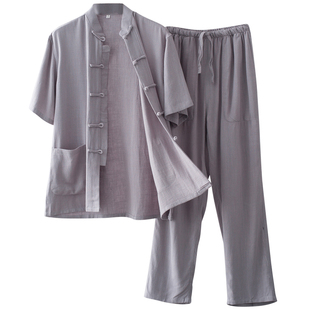 中国风唐装男中老年夏季薄款亚麻短袖套装中式爷爷爸爸装老人衣服