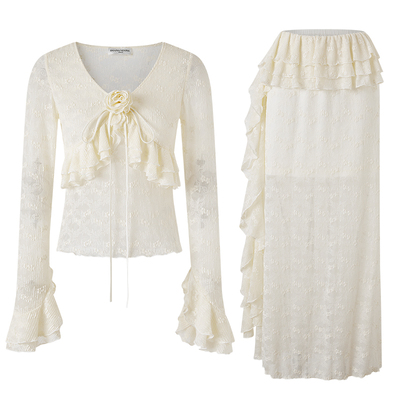 【董璇同款】DIANAVEVINA2026春新款蕾丝V领荷叶边小衫半身裙套装