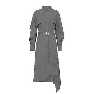 S·DEER圣迪奥女装秋立领收腰拼接不规则衬衫连衣裙S22181219