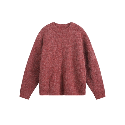 套头大绞花圆领半高领毛衣