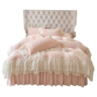 公主风冬季牛奶绒床裙式四件套雕花蝴蝶结被套珊瑚毛绒花边2m床品