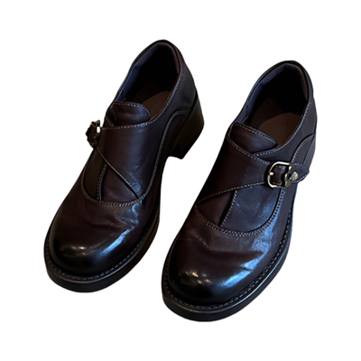 新款皮带扣粗跟百搭棕色乐福鞋