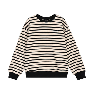 pusumede 松弛漫旅 复古圆领条纹卫衣女韩系刺绣休闲慵懒宽松上衣