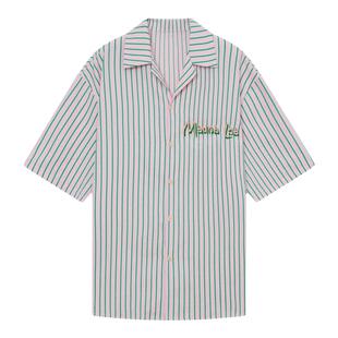 出差夏威夷新24ss粉色刺绣条纹短袖度假衬衫复古夏季衬衫oversize