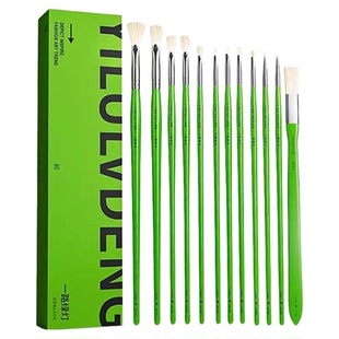 初描水粉笔一路绿灯水粉笔美术生专用套装画画学生色彩画笔14支油画丙烯笔扇形笔勾线笔丙烯猪鬃尼龙排笔刷子