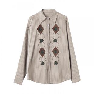 宝诗黎钉珠刺绣条纹长袖衬衫2026春季韩系棉质洋气宽松百搭衬衣女