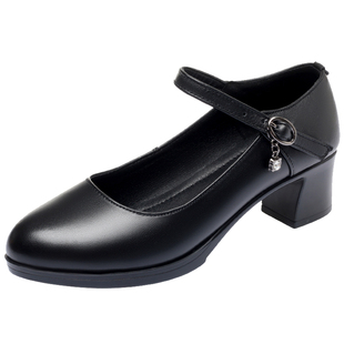配旗袍的鞋子软皮软底走秀高跟鞋女不累脚真皮中老年皮鞋黑色单鞋