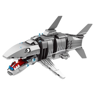 加致积木儿童益智拼装巨齿鲨玩具小颗粒海洋动物模型男孩拼图礼物