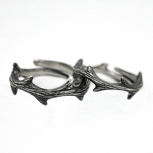 硬糖hardcandy原创首饰925银荆棘玫瑰情侣开口戒指对戒连理枝