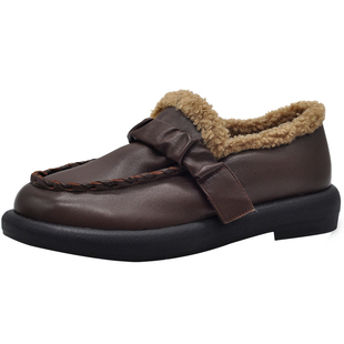 Artmu阿木真皮加绒单鞋女一脚蹬乐福鞋厚底毛毛鞋小皮鞋2025新款