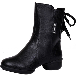 新款伊兹舞蹈靴子女秋冬季广场舞中筒靴中跟软底水兵跳舞舒适短靴