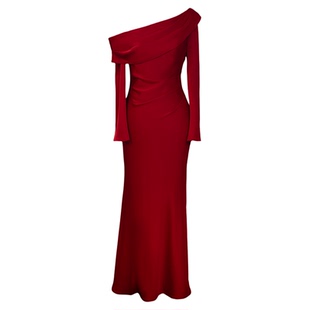 IRISY 「红杉Ⅱ」红色长袖斜肩订婚礼服气质新娘敬酒服晨袍连衣裙