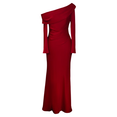 红色长袖斜肩订婚礼服新娘敬酒服