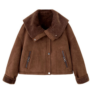 大翻领皮毛一体麂皮羊羔毛外套女短款冬季2025新款加绒加厚小个子