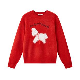 三福红色毛衣2026新款春季本命年小马图案宽松圆领上衣女装515688