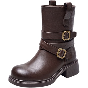 意尔康女鞋2025冬季皮靴加绒中筒气质机车靴复古女士皮带扣骑士靴