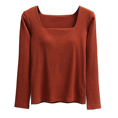 带胸垫方领长袖纯棉女修身打底