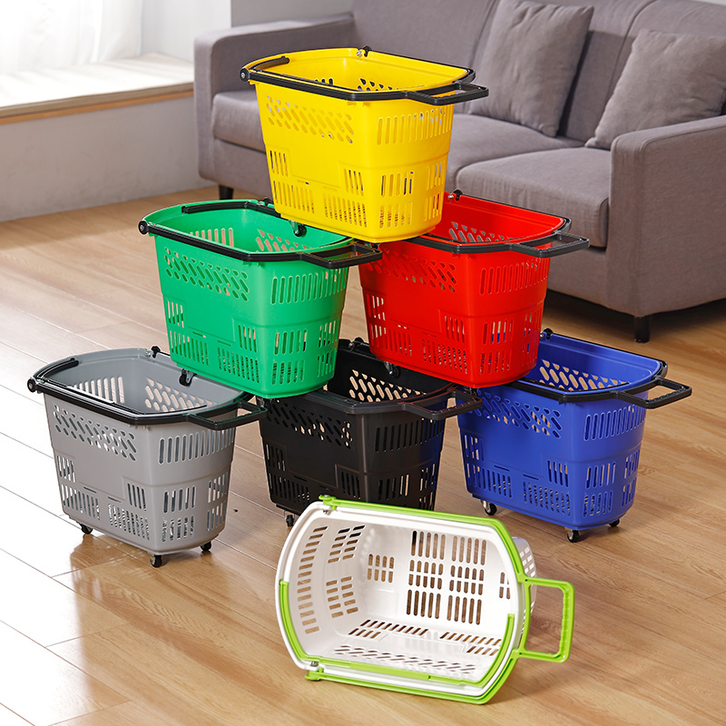 购物篮菜筐家用拖篮加厚超市购物篮手提塑料买菜篮拉杆带轮便利店