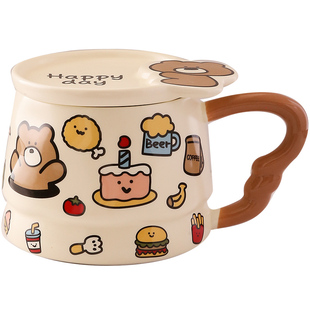 卡通涂鸦陶瓷马克杯高颜值情侣生日礼物杯子带盖办公室喝水杯女生