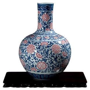 陶瓷花瓶纯手绘青花瓷釉里红缠枝莲 客厅玄关天球瓶仿古台面摆件