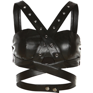 KLIOU 酷飒机车辣妹炸街黑色PU皮吊带背心女个性显瘦高腰露脐上衣