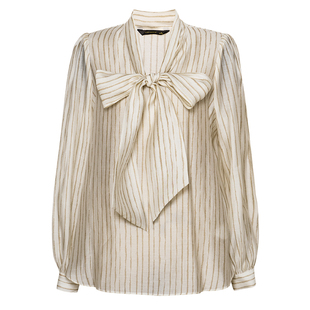 罗衣时尚条纹系带领衬衫女春知性宽松衬衣职业正式场合上衣11729