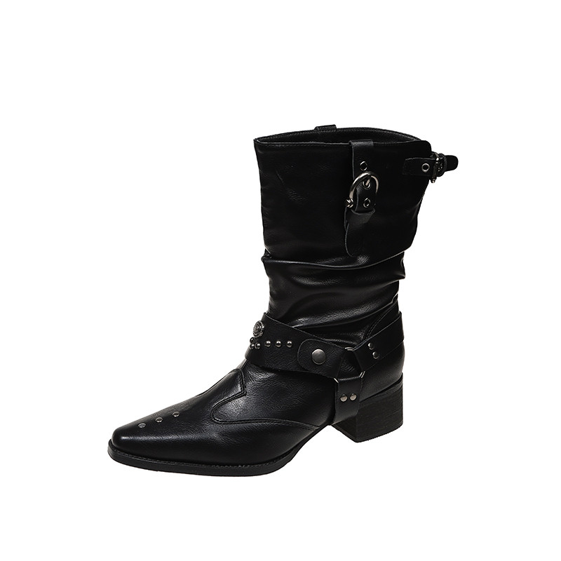 小众设计感黑色铆钉西部牛仔短靴