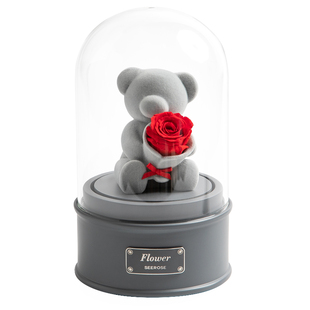 SEEROSE西罗斯旋转音乐盒永生花保鲜玫瑰熊公仔摆件情人节礼物
