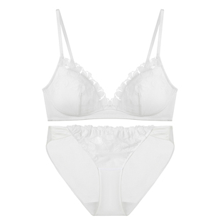 弗利少女法式内衣女 白玉兰柔光刺绣无钢圈小胸文胸套装薄款新品