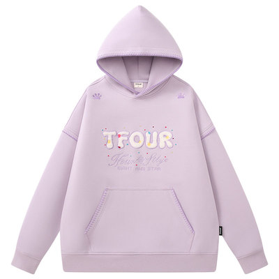 tfour撞色一字绣卫衣女假两件袖