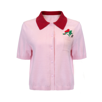 棉质小翻领毛织刺绣开衫