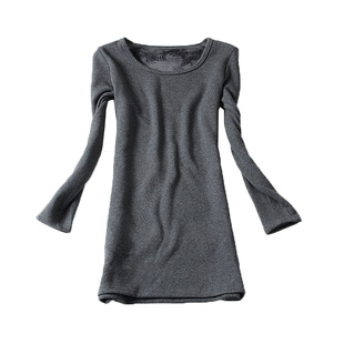 中长款圆领修身打底衫女t恤加绒保暖纯色包臀连衣裙秋冬百搭长袖