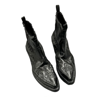 暗黑复古绣花机车靴男女真皮骑士靴西部牛仔靴尖头巫师靴褶皱短靴