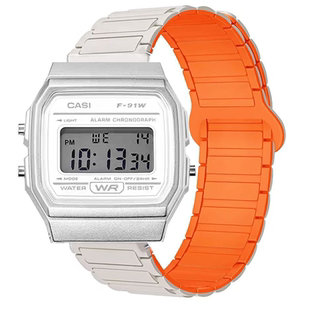 适用卡西欧F-91W小方块手表带F-84/F-94时尚硅胶磁吸透气替换腕带