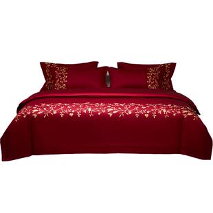 高端婚庆四件套100S长绒棉红色刺绣被套纯棉床单结婚礼物床上用品